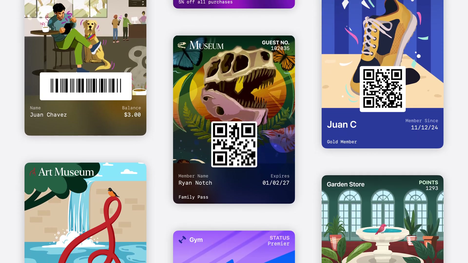 Apple Wallet generic passes in the Poster style, each built around a full-bleed background illustration with the logo, fields, and barcode over the image