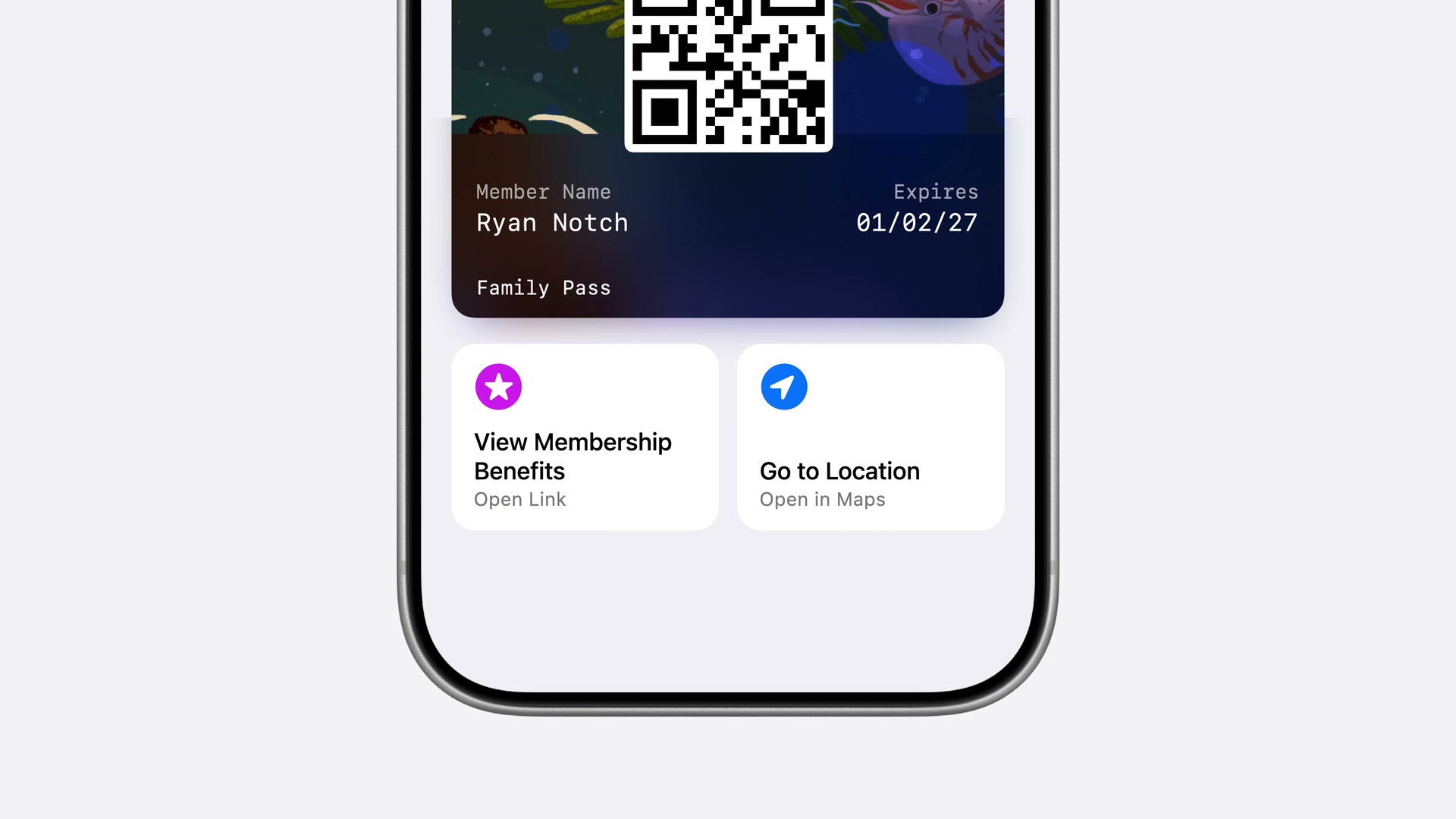Apple’s WWDC26 session 209 example of two Featured Action tiles, View Membership Benefits and Go to Location, under a museum membership pass