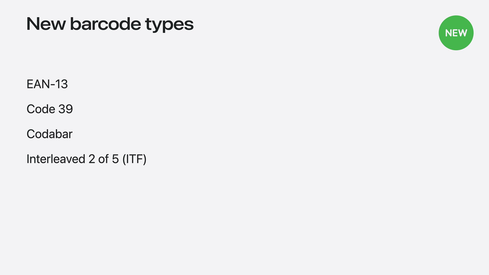 Apple’s WWDC26 session 209 slide listing the four new barcode types in iOS 27: EAN-13, Code 39, Codabar, and Interleaved 2 of 5
