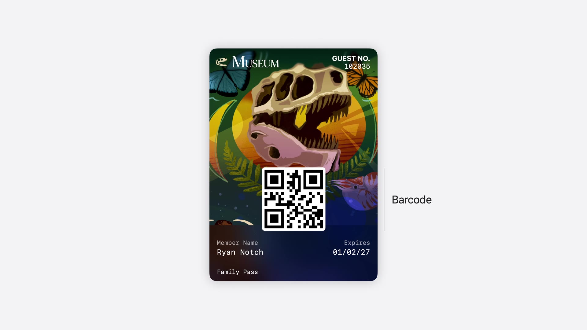 Apple’s Poster Generic example from WWDC26 session 209: a museum membership pass with full-bleed illustrated artwork, guest number, member name, and QR code