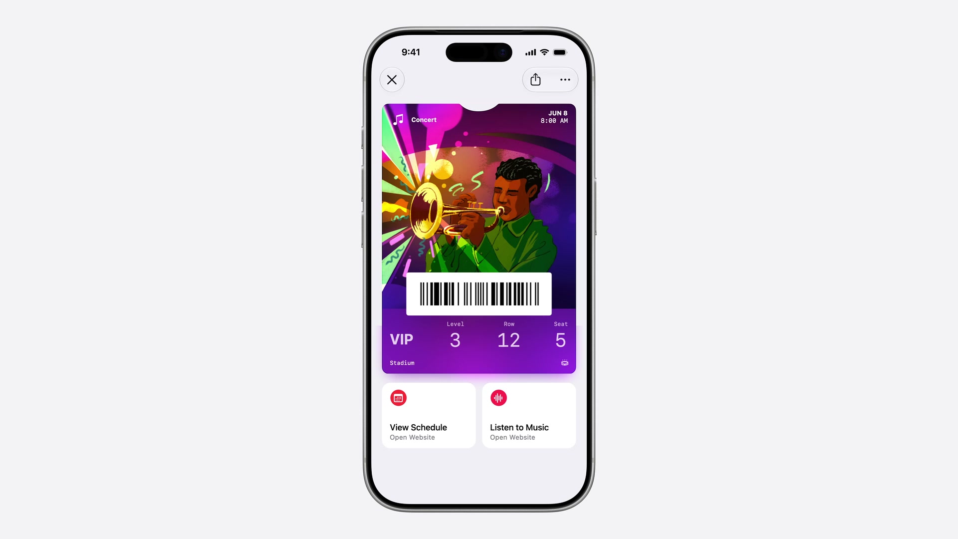 Apple’s WWDC26 session 209 demo on iPhone: a concert ticket with its barcode and two Featured Action tiles, View Schedule and Listen to Music, below the pass