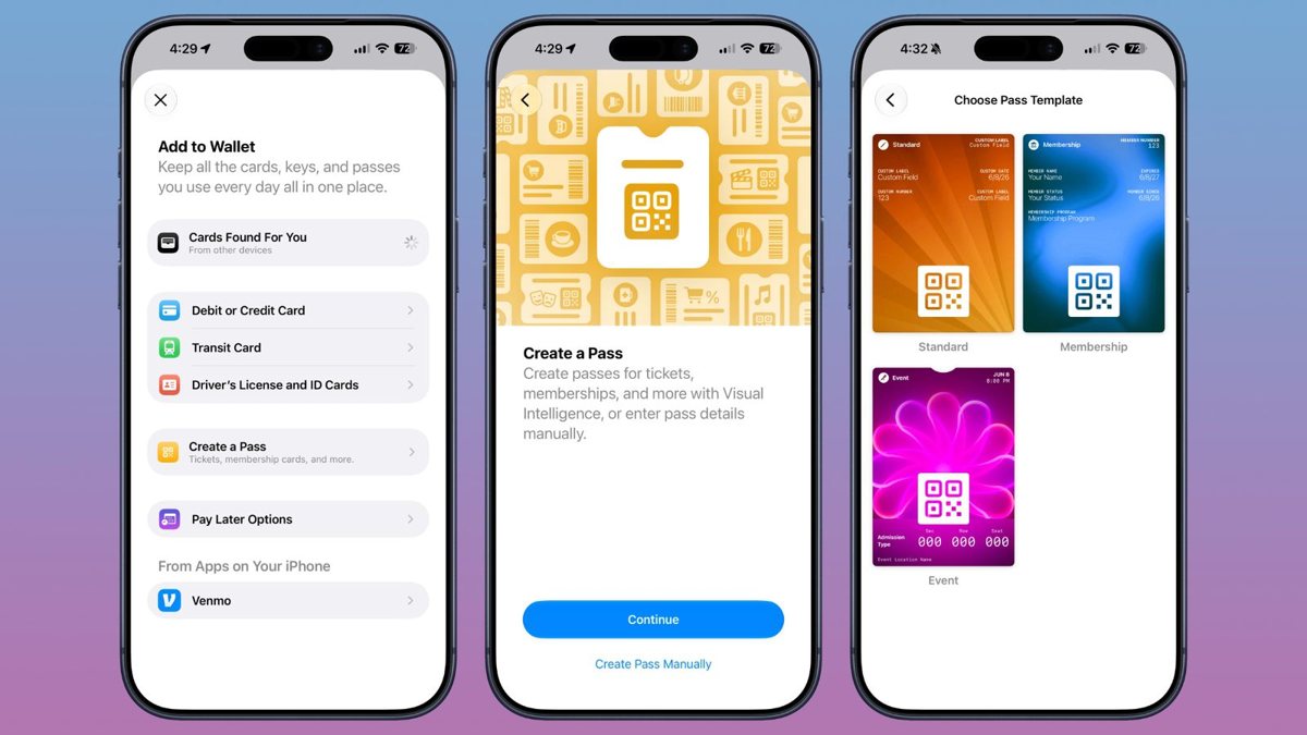 Three iPhone screens from the iOS 27 developer beta: the Add to Wallet menu with the new Create a Pass option, the Create a Pass intro screen, and the Standard, Membership, and Event pass templates