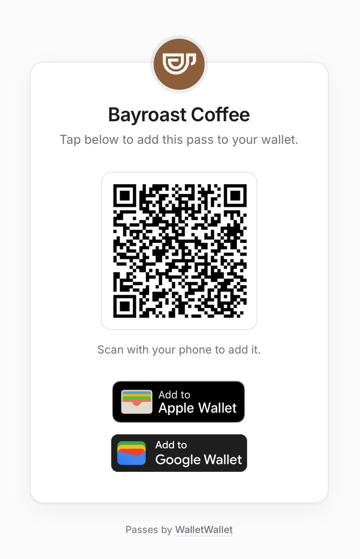 The hosted share page showing a QR code with an Add to Apple Wallet and an Add to Google Wallet button