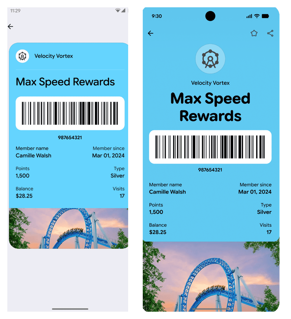 Left, the current Google Wallet pass as a contained card on a grey page. Right, the 2026 redesign as a full-screen layout with a centered logo, a much larger title, and a large hero image