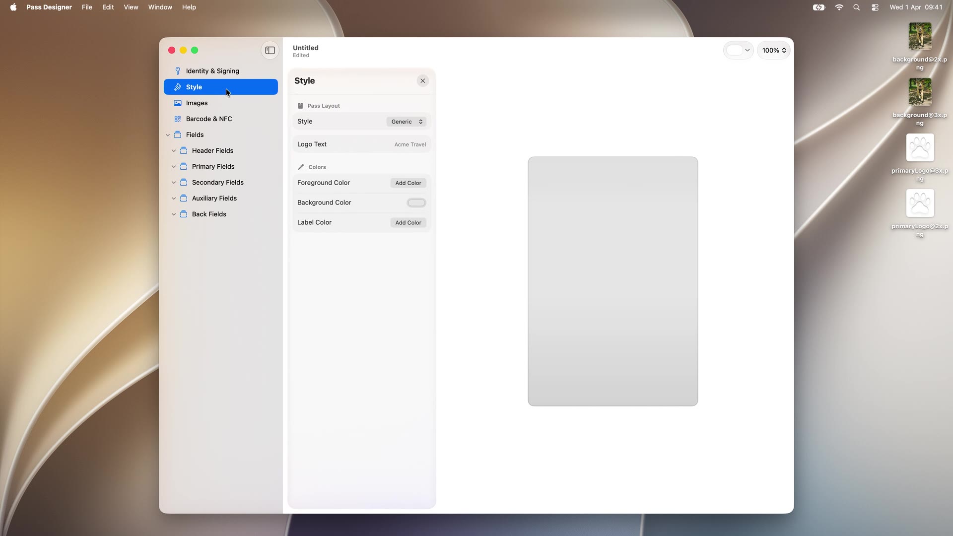 Early in the demo: the Style panel against a blank Generic pass, before any artwork or fields are added