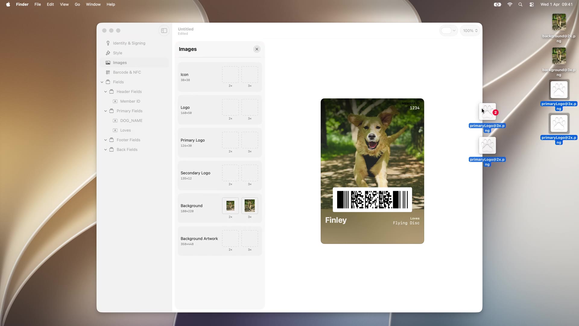 The Images panel mid drag-and-drop: each image slot listed with its dimensions, the background photo already applied to the live preview