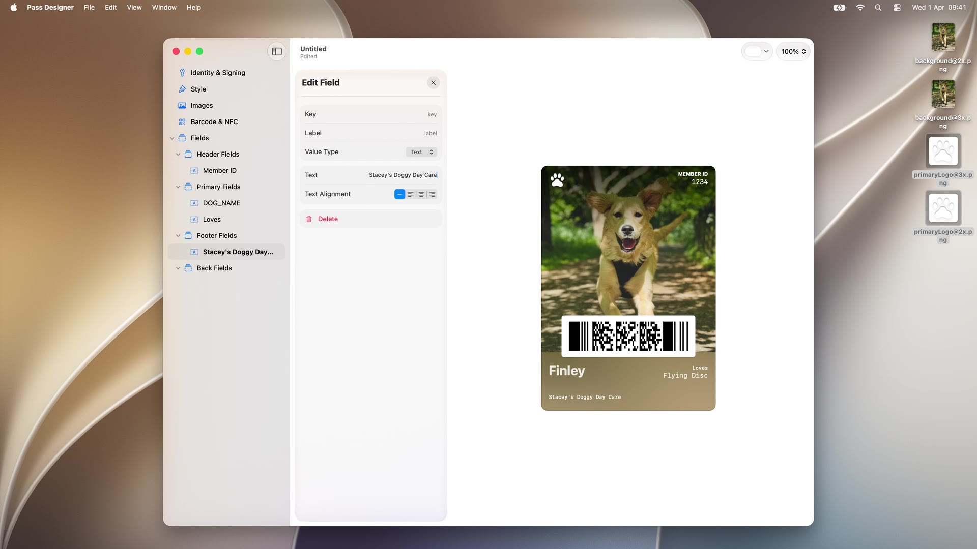 The finished template in Pass Designer: full-bleed photo, member ID header, bold name, PDF417 barcode, and footer