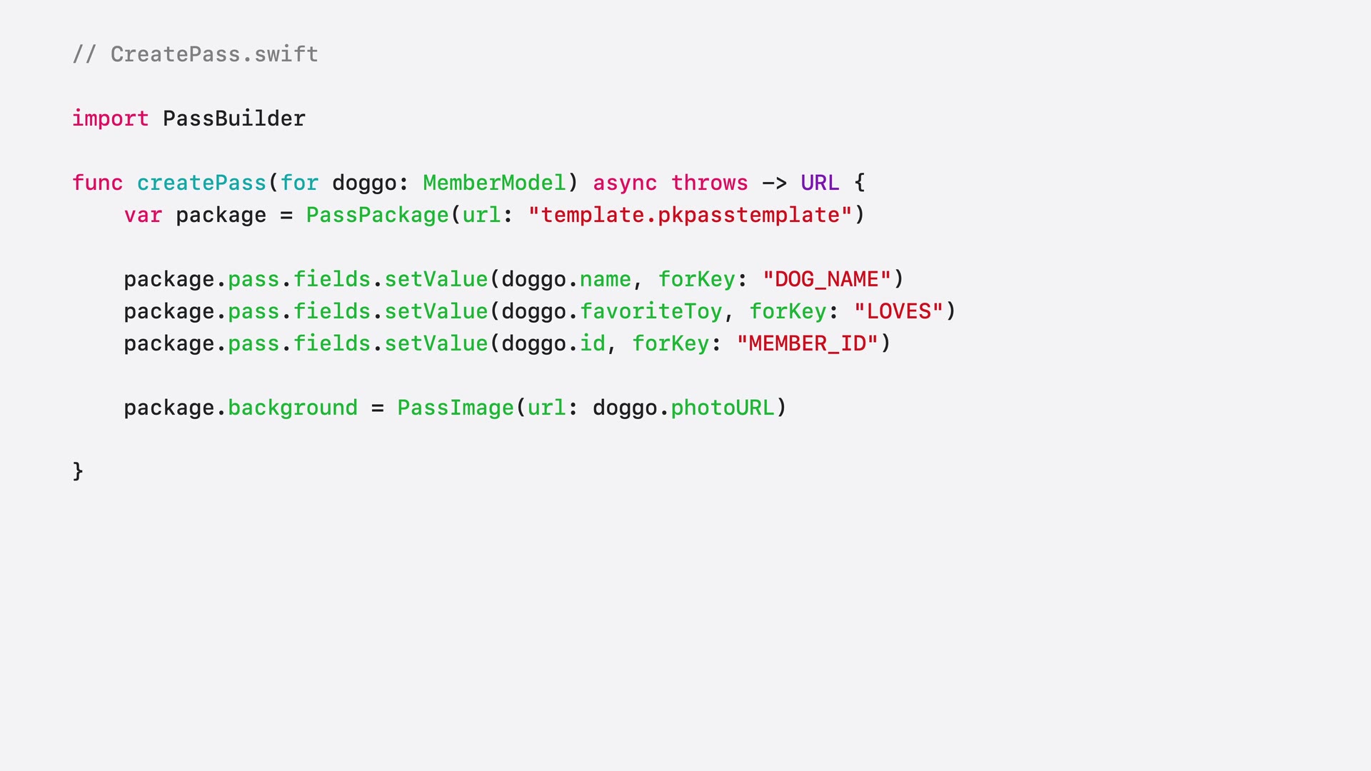 CreatePass.swift from the session: PassPackage loads the template, setValue fills DOG_NAME, LOVES, and MEMBER_ID, and PassImage sets the background photo